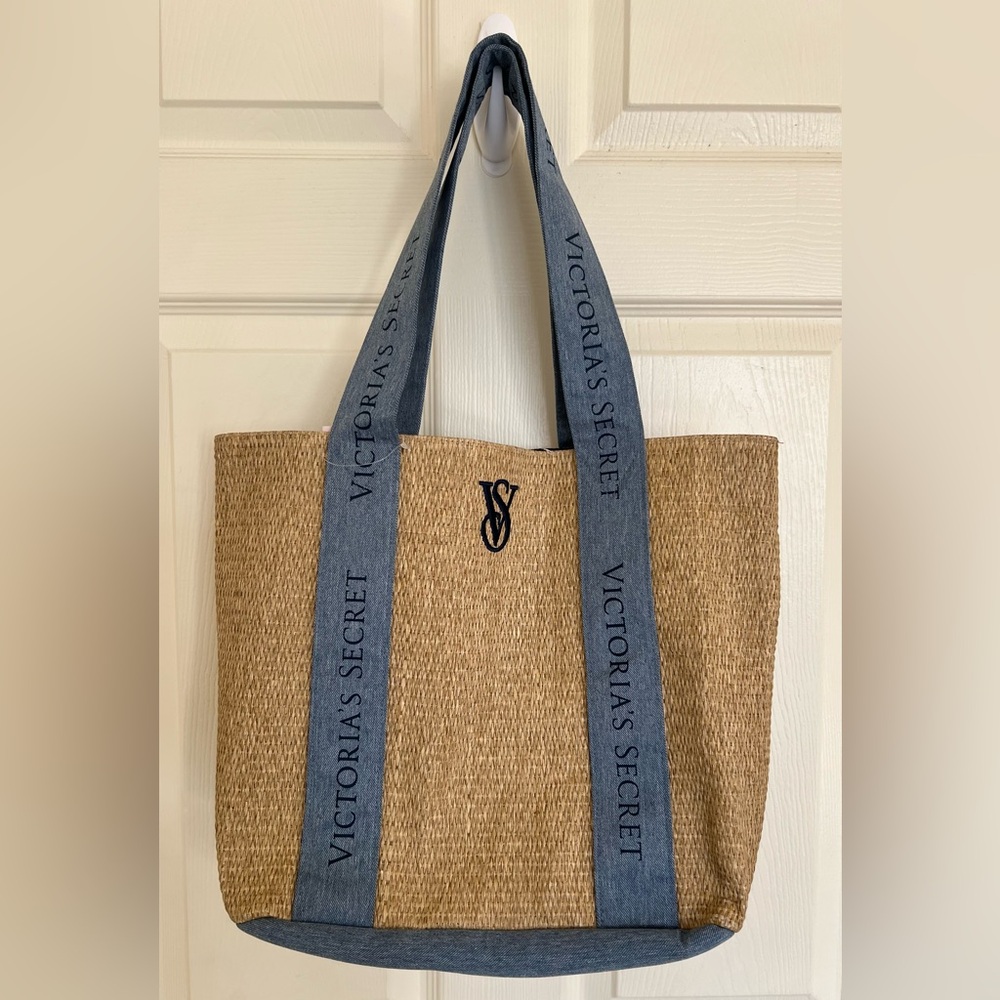 Victoria’s Secret Straw Jute Tote Denim Logo Straps VS Monogram Beach Bag